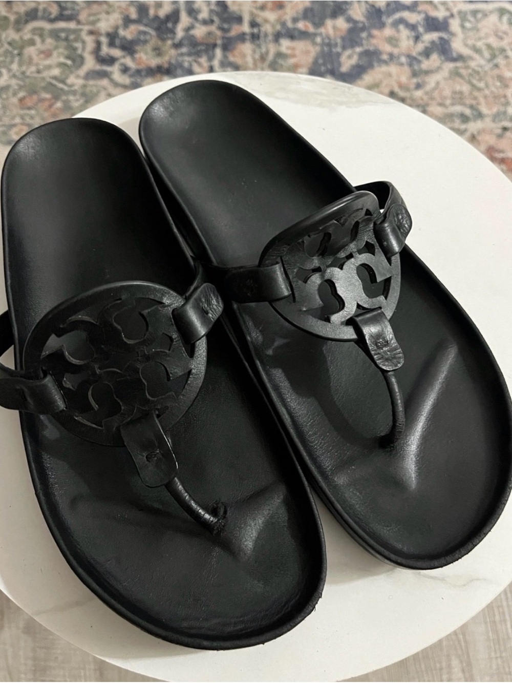 Tory Burch Miller Cloud Leather Thong Sandals Black, Size US 10